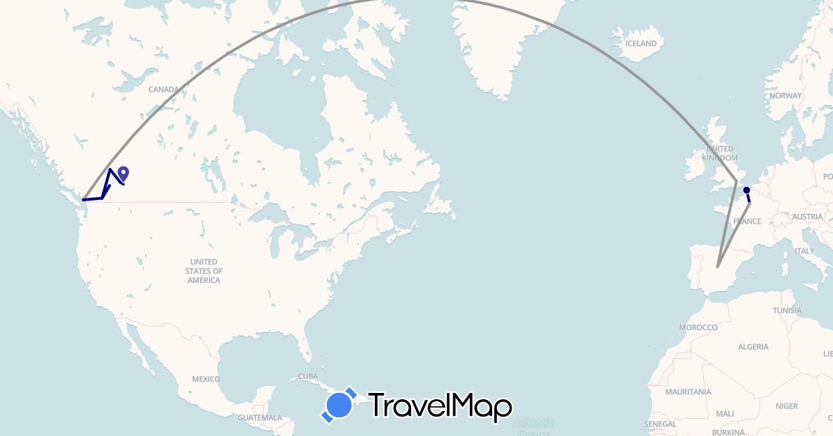 TravelMap itinerary: driving, plane in Canada, Spain, France, United Kingdom (Europe, North America)
